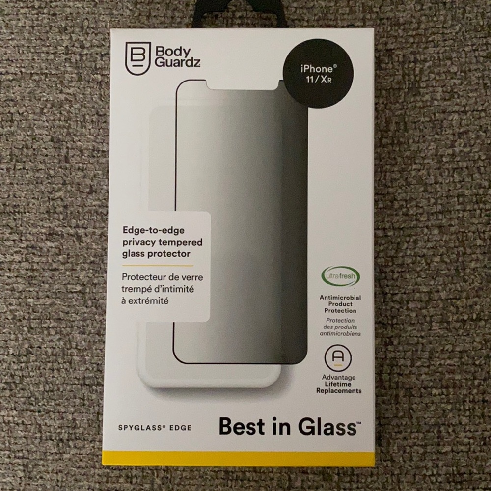 Body guardz iPhone 11/Xr privacy screen tempered glass protector.